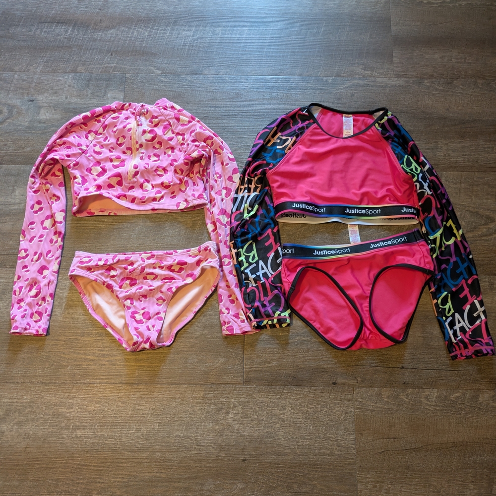 Justice Pink Rashguard Swim Set & Cat & Jack Set (2 Swimsuits)